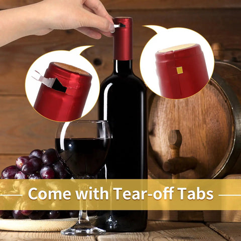 Premium Pvc Heat Shrink Wine Bottle Caps 120 Pieces Assorted Pack Heavy Duty Seal Wraps with tear-off tabs on a wine bottle.
