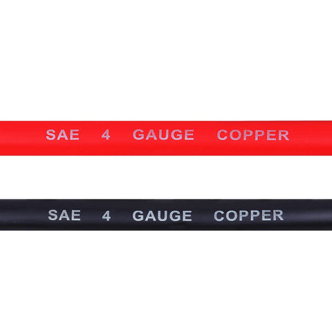 Heavy Duty 4 Awg Battery Inverter Cable Set Featuring 24 Inch Ultra Flexible Electrical Wire With 3/8 Copper Lug Connectors visible in red and black.