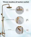 Antique Brass 8 Inch Shower Faucet System With Rainfall Shower Head Wall Mounted Dual Cross Handles Tub Spout Mixer Tap And Handheld Sprayer All In One Bathroom Shower Upgrade showing three modes: rainfall, handheld, and tub spout.