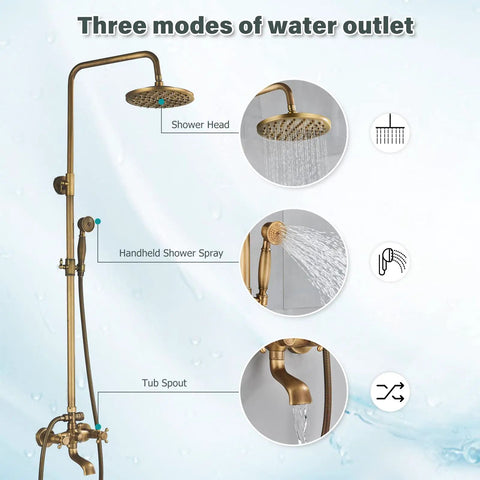 Antique Brass 8 Inch Shower Faucet System With Rainfall Shower Head Wall Mounted Dual Cross Handles Tub Spout Mixer Tap And Handheld Sprayer All In One Bathroom Shower Upgrade showing three modes: rainfall, handheld, and tub spout.