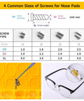 Top Tier Eyeglass Repair Kit Including 24 Pairs Of Replaceable Nose Pads, Magnetic Screwdrivers, Micro Screws And Curved Tweezers For Fast Specs Repairs, Sick Travel Essential showing sizes of screws and eyeglasses.
