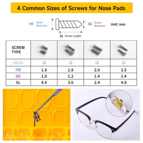 Top Tier Eyeglass Repair Kit Including 24 Pairs Of Replaceable Nose Pads, Magnetic Screwdrivers, Micro Screws And Curved Tweezers For Fast Specs Repairs, Sick Travel Essential showing sizes of screws and eyeglasses.