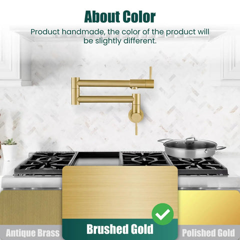 Wall Mount Pot Filler Faucet 19 Inch Folding Stretchable Kitchen Tap In Stainless Steel Brushed Gold, installed above stove.