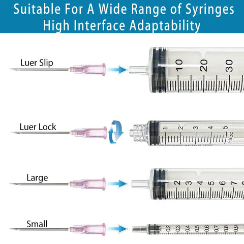Slick 100 Pack 18 Gauge 1 Inch Stainless Steel Syringe Needles Featuring Tight Luer Lock Seal Individually Wrapped For Lab Tasks And Refilling Liquids Built Tough No Sweat High Performance Guaranteed with Luer Lock and Slip options.