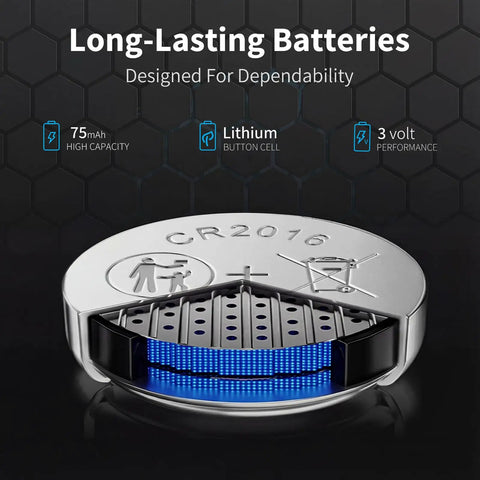 Kicking Performance Cr2016 3V Lithium Coin Cells Six Pack with blue LED light display on silver button cell.