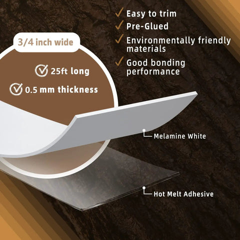 Melamine Edge Banding Three Quarters Inch By Twenty Five Feet White With Hot Melt Adhesive Pre Glued DIY Ready details
