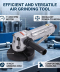 Air Powered 4 Inch Angle Grinder 11000 RPM Lightweight Frame With Solid Grip Quick Material Removal For Grinding Polishing Cutting And Sanding No Fuss Jobsite Workhorse Rig with 4-inch grinding disc.