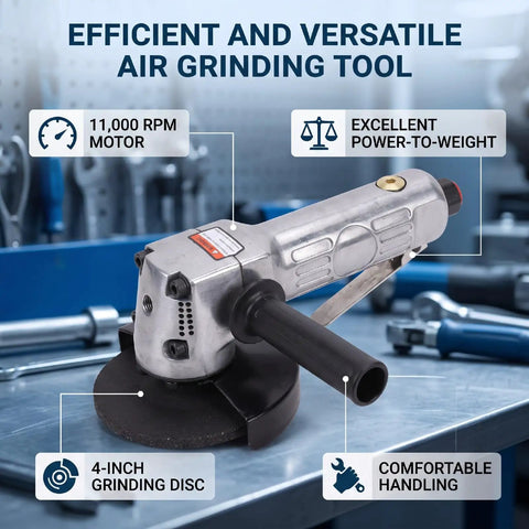 Battle Tested 4 Inch Pneumatic Angle Grinder Spits Out 11000 Rpm Of Blazing Air Power For Quick Cut Work On Any Job Site with 4-inch disc.