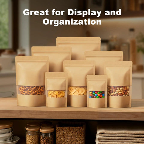 100 Pcs Kraft Stand Up Pouches With Matte Window Resealable Zipper Bags displayed with snacks like pretzels and nuts
