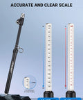 Front view of LUMITECO pencil-style tire pressure gauge with dual scales: 10–150 PSI and 0–10 BAR, extended tube
