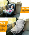 Two Pack Car Seat Sun Shade Covers For Baby And Toddler Reflective UV Sun Shield showing temperature difference before and after.