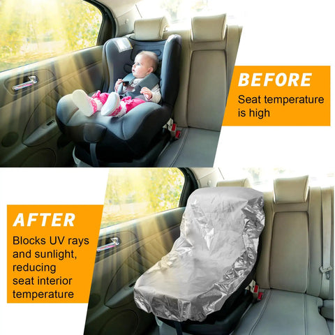 Two Pack Car Seat Sun Shade Covers For Baby And Toddler Reflective UV Sun Shield showing temperature difference before and after.
