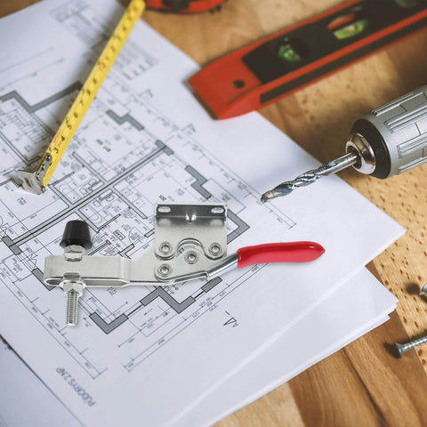 Two Pack Beefy Downward Pressing Toggle Clamps Quick Clamp Set For Horizontal Workholding Metal Hand Tool shown on blueprint.