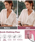 Slick Portable Handheld Stitch Gun For No Sweat Clothes Tagging And Quick Fix Sewing Gear shown with before and after garment repair.