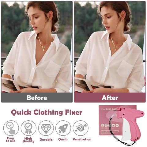 Slick Portable Handheld Stitch Gun For No Sweat Clothes Tagging And Quick Fix Sewing Gear shown with before and after garment repair.