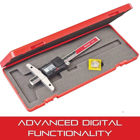 Electronic Depth Gauge With Clear Readout And Fine Adjustment Thumb Roll Removable Hook 0 To 6 Inch Range in red case