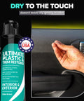 Carfidant Ultimate Plastic & Trim Restorer bottle, 8.4 oz, interior and exterior plastic care applied to car dashboard trim.