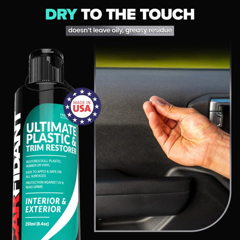 Carfidant Ultimate Plastic & Trim Restorer bottle, 8.4 oz, interior and exterior plastic care applied to car dashboard trim.
