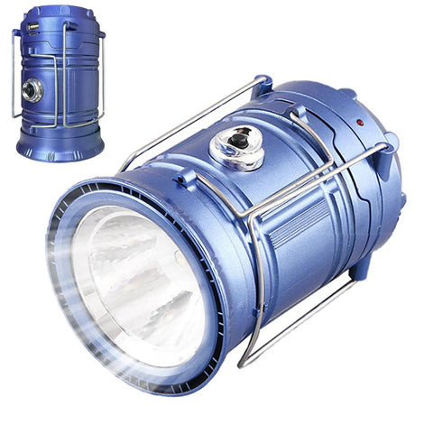 Solar Powered Camping Lantern With Foldable Body And Sturdy Handle, LED Lamp Three Lighting Modes, Waterproof, blue metal design