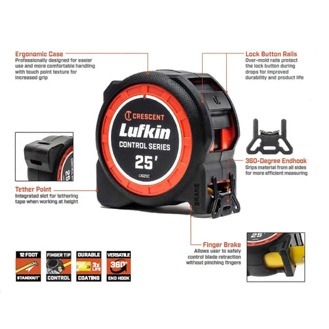 Product diagram of 1-3/16 X 25 Foot Command Control Engineers Tape Measure Yellow Clad With Anti Pinch Lock Button, 363 Degree End Hook