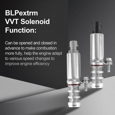 Two VVT solenoids for 2.0L 2.2L 2.4L engines, front view, shown with text describing engine efficiency benefits, model compatibility included.