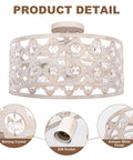 Semi Flush Mount Ceiling Light Fixture With Crystal Accents, Modern Farmhouse Style, Antique White Finish, close-up view