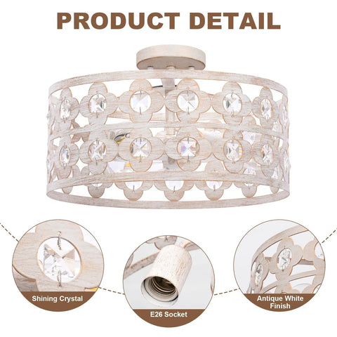 Semi Flush Mount Ceiling Light Fixture With Crystal Accents, Modern Farmhouse Style, Antique White Finish, close-up view