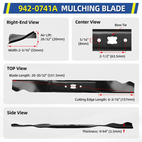 Diagram of 21 Inch Mulching Blade Replacement For MTD Troy-Bilt Cub Cadet Craftsman Lawn Mowers Heavy Duty Turf Blade with dimensions