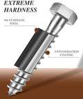 Heavy Duty Hex Head Lag Screws With Flat Washers For Wood Three Eighths Inch By Six Inches 304 Stainless Steel Eighteen Eight Lag Bolts With Hex Socket Tough As Nails Rust Resistant Eight Sets Nailnest with close-up on anti-oxidation coating and 304 stainless steel construction.