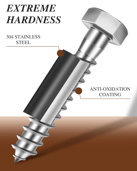 Heavy Duty Hex Head Lag Screws With Flat Washers For Wood Three Eighths Inch By Six Inches 304 Stainless Steel Eighteen Eight Lag Bolts With Hex Socket Tough As Nails Rust Resistant Eight Sets Nailnest with close-up on anti-oxidation coating and 304 stainless steel construction.