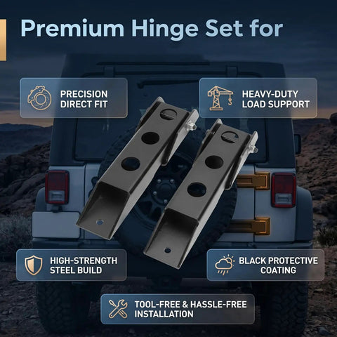 Heavy Duty Tailgate Hinge Set For Jeep Wrangler Jk And Jku 2007 Through 2018 Direct Bolt On Replacement showing high-strength build and black coating.