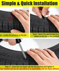 Steps showing 61 Piece Screw Tire Plug Kit With Screwdriver, All In One Tire Repair Patch Kit for Cars, Trucks, Motorcycles, and Bicycles.