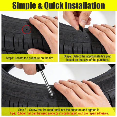 Steps showing 61 Piece Screw Tire Plug Kit With Screwdriver, All In One Tire Repair Patch Kit for Cars, Trucks, Motorcycles, and Bicycles.
