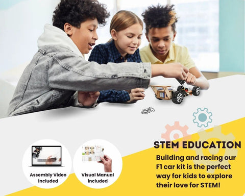 Wireless Remote Control F1 Car Kit For STEM Learning And Kid Friendly Hands On Projects Build, Race, And Explore Science With This DIY Model Car Kit For Kids, Students, And Classrooms, Family Friendly. children assembling wooden remote control F1 car for STEM class