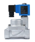 Side view of 1-inch stainless steel high-pressure solenoid valve with blue solenoid coil and black connector