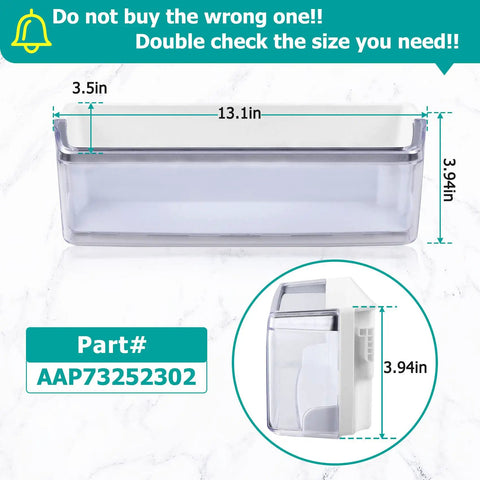 Left Side Refrigerator Door Bin Replacement For Elite Models Fits Door Shelf Assemblies Easy Install No Fuss Upgrade For LG And Kenmore Elite Refrigerators, shown with dimensions and part number AAP73252302
