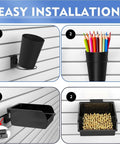 43 Piece Slat Wall Organizer Kit With Hooks, Shelves, Bins, Baskets, Cups, And Screwdriver Holders Black Storage System showcasing easy installation and storage solutions with wall-mounted bins and cups.