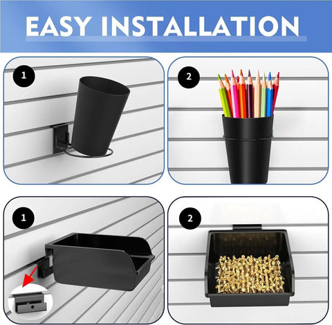 43 Piece Slat Wall Organizer Kit With Hooks, Shelves, Bins, Baskets, Cups, And Screwdriver Holders Black Storage System showcasing easy installation and storage solutions with wall-mounted bins and cups.