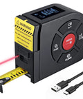 2 In 1 Laser Tape Measure With 164 Ft Laser Range And 16.5 Ft Digital Tape Measure, Ultra Accurate To 2 Mm, Easy Switch Between Long Range And Short Measurements For Framing, DIY Projects, And Quick Layouts. Black plastic laser tape measure with USB-C cable and extended tape.