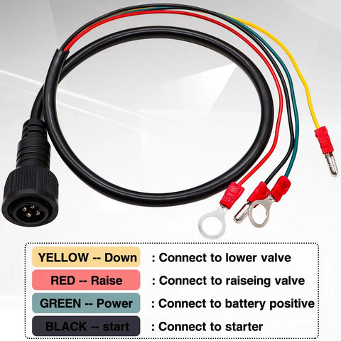 Taiss 4-wire dump trailer remote control cable with round 4-pin connector and four color leads ending in ring terminals.