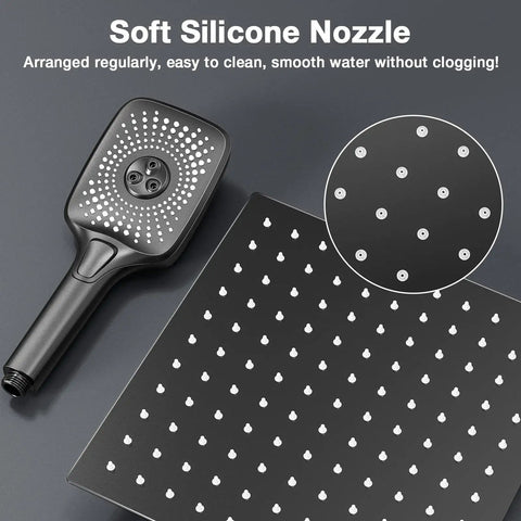 Black Shower Faucet Set With 10 Inch Rainfall Shower Head And Handheld 3 Function Shower System Brass Pressure Balance Valve Ceramic Core Built To Last Stainless Steel Trim Dope Rust Resistant Bath Upgrade, featuring soft silicone nozzles for clog-free performance