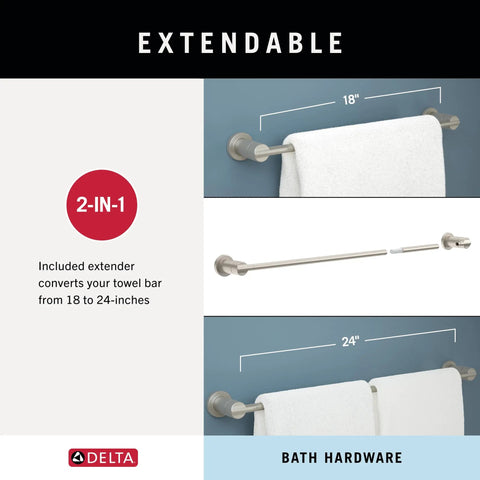 Slick SpotShield Brushed Nickel 4 Piece Bathroom Hardware Set showing adjustable 18-24 inch towel bar with towel, in modern design.