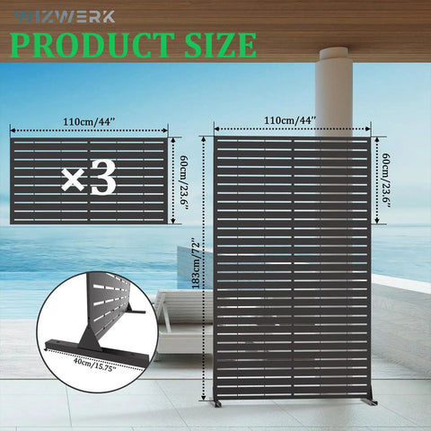 Six Foot Outdoor Metal Privacy Screen Freestanding Privacy Fence Room Divider For Patio Garden Balcony Durable Weather Resistant Steel With Stand Built To Last And Easy To Install Perfect For Creating Private Outdoor Spaces, product dimensions shown