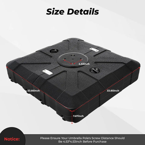 Cantilever Umbrella Base Rolling Stand with refillable HDPE weight reservoirs, size details, heavy duty for outdoor use