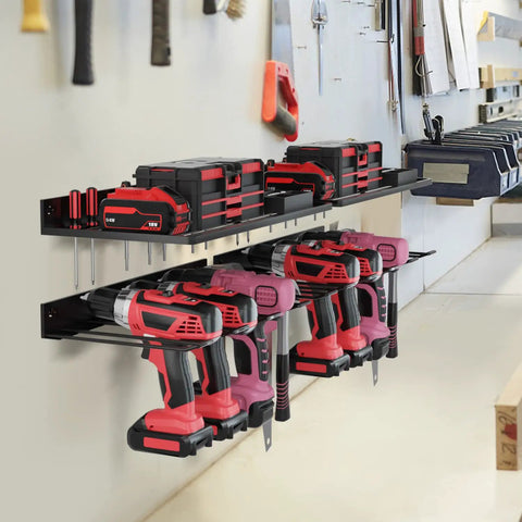 Wall-mounted tool rack with drills and accessories, Power Tool Organizer Wall Mount With Drill Holder For Garage Keeps Your Tools Neat And Grab And Go Heavy Duty Tool Rack For Drills Saws And Bits Black Finish.