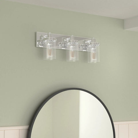 Chrome Farmhouse Vanity Light 3 Light Fixture Over Mirror With Clear Glass Shades for Bathroom on light green wall