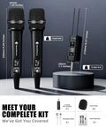 Wireless Dual Microphone System With UHF Range Up To 260 Feet All Metal Portable Karaoke Mic kit with accessories overview