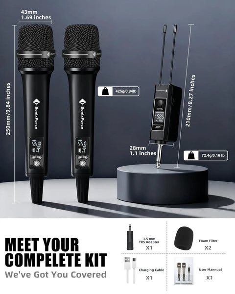 Wireless Dual Microphone System With UHF Range Up To 260 Feet All Metal Portable Karaoke Mic kit with accessories overview