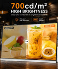 Sleek Digital Menu Board Delivers Eye Catching Multicolor Graphics With Low Power Draw Well Under Forty Watts showcased with high brightness.
