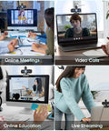 Straight Up Crisp 1080P Full Hd Webcam With Noise Canceling Mic And Auto Light Correction Featuring Wide Angle Lens in use for online meetings, video calls, education, and live streaming.